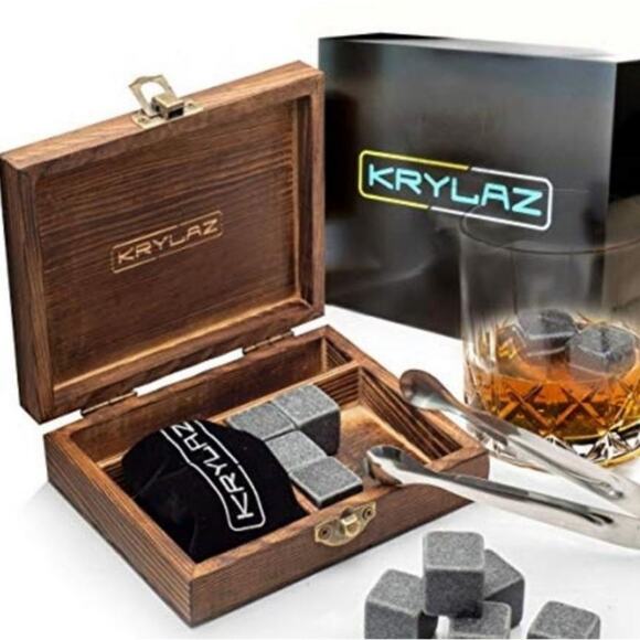 NEW Whiskey Stones Gift Set Wooden Box 9 Chilling Rocks Bourbon Bar Krylaz - Picture 1 of 3